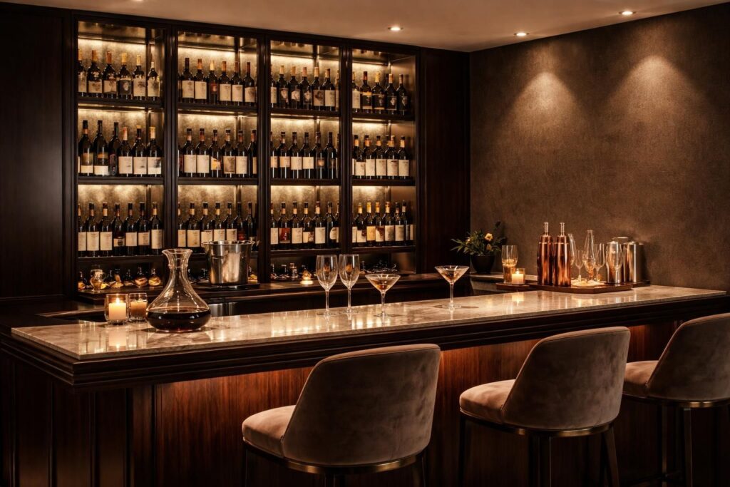 aménagez un coin bar élégant avec une cave à vin, des verres design et des accessoires raffinés pour des moments conviviaux et sophistiqués.