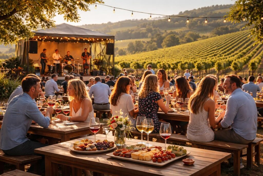 découvrez des dégustations de vins accompagnées de concerts live dans les plus beaux domaines viticoles grâce au festival œnomusique, alliant plaisir des sens et découvertes musicales.
